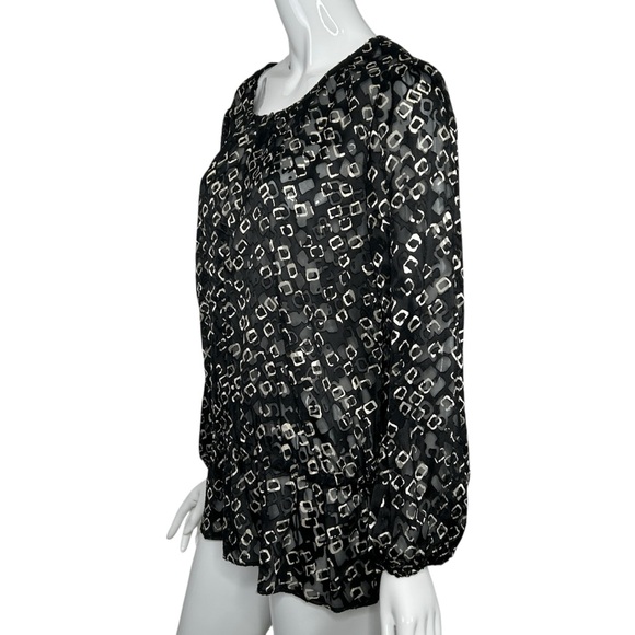Chico's Size 1 Geometric Print Top Tunic Black & Beige Sheer Long Sleeve Shirt - Picture 5 of 16